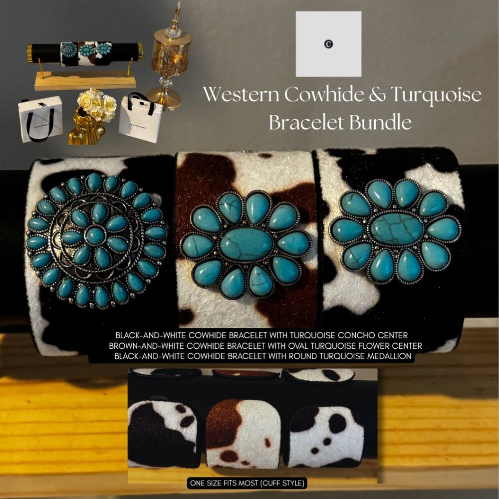 Western Cowhide & Turquoise Bracelet Bundle (Set of 3)